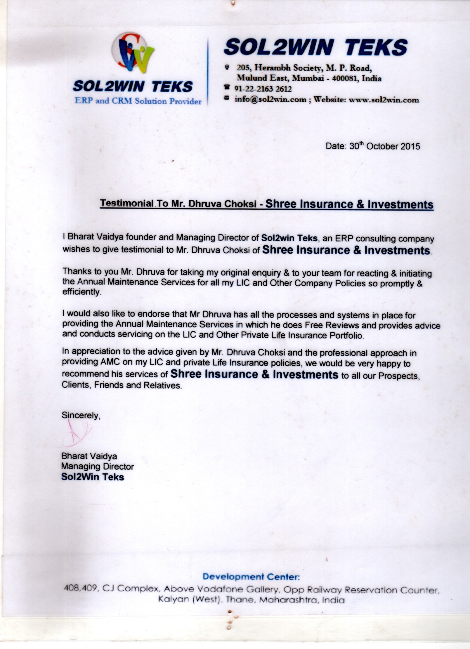 Testimonial letter from Bharat Vaidya, Sol2Win Teks